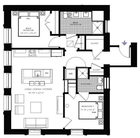 Floor plan for 2 beds, 2 baths, 1015 sqft